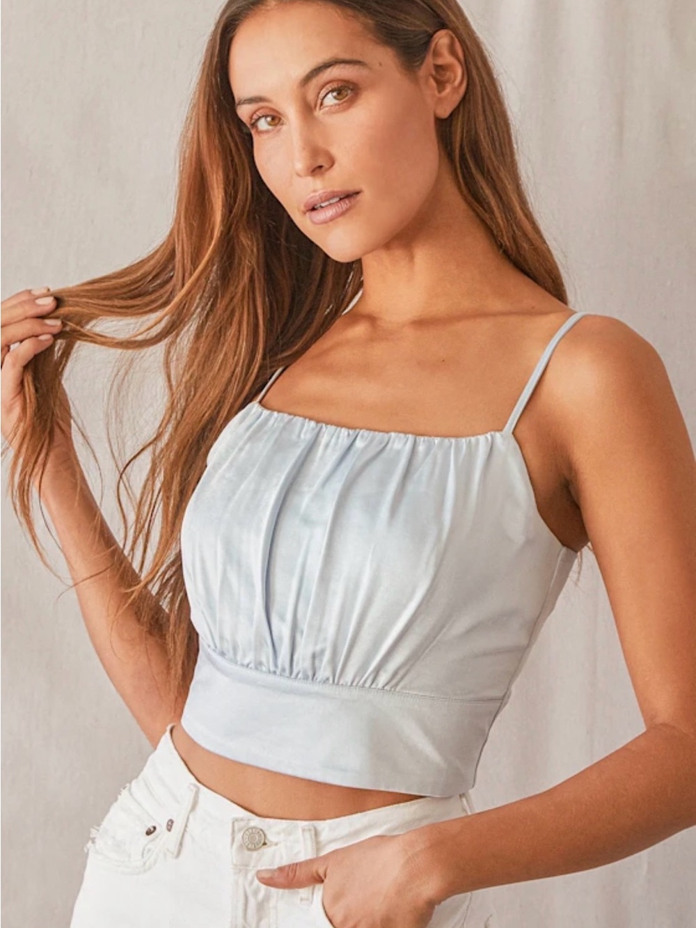 Lulus Luxe'd Out Light Blue Satin Cropped Tank Top XS